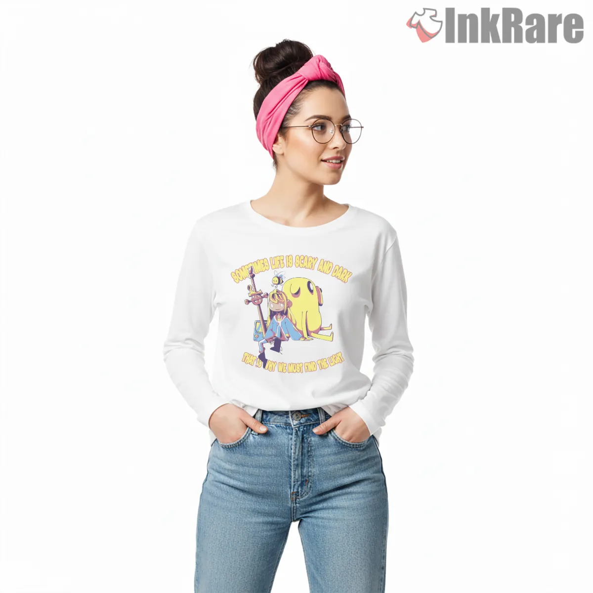 Adventure Time Life Is Scary And Dark Motivational Cartoon Long Sleeve White Adventure Time Life Is Scary And Dark Motivational Cartoon Shirt on white long sleeve shirt for women graphic tee