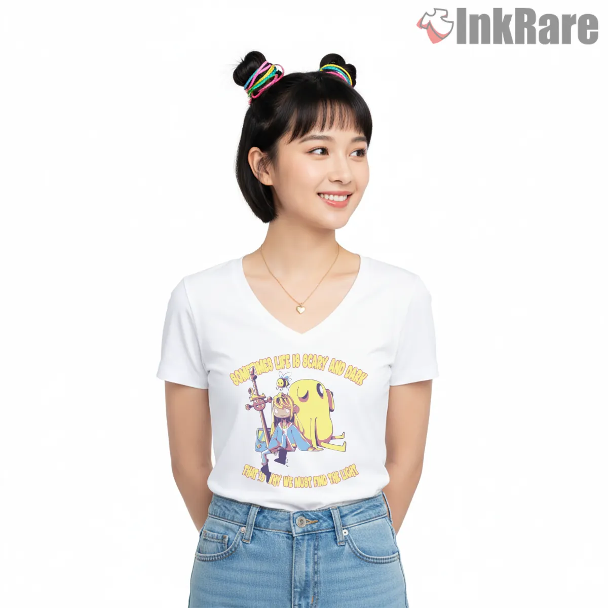 Adventure Time Life Is Scary And Dark Motivational Cartoon Shirt on white v-neck shirt for women graphic tee
