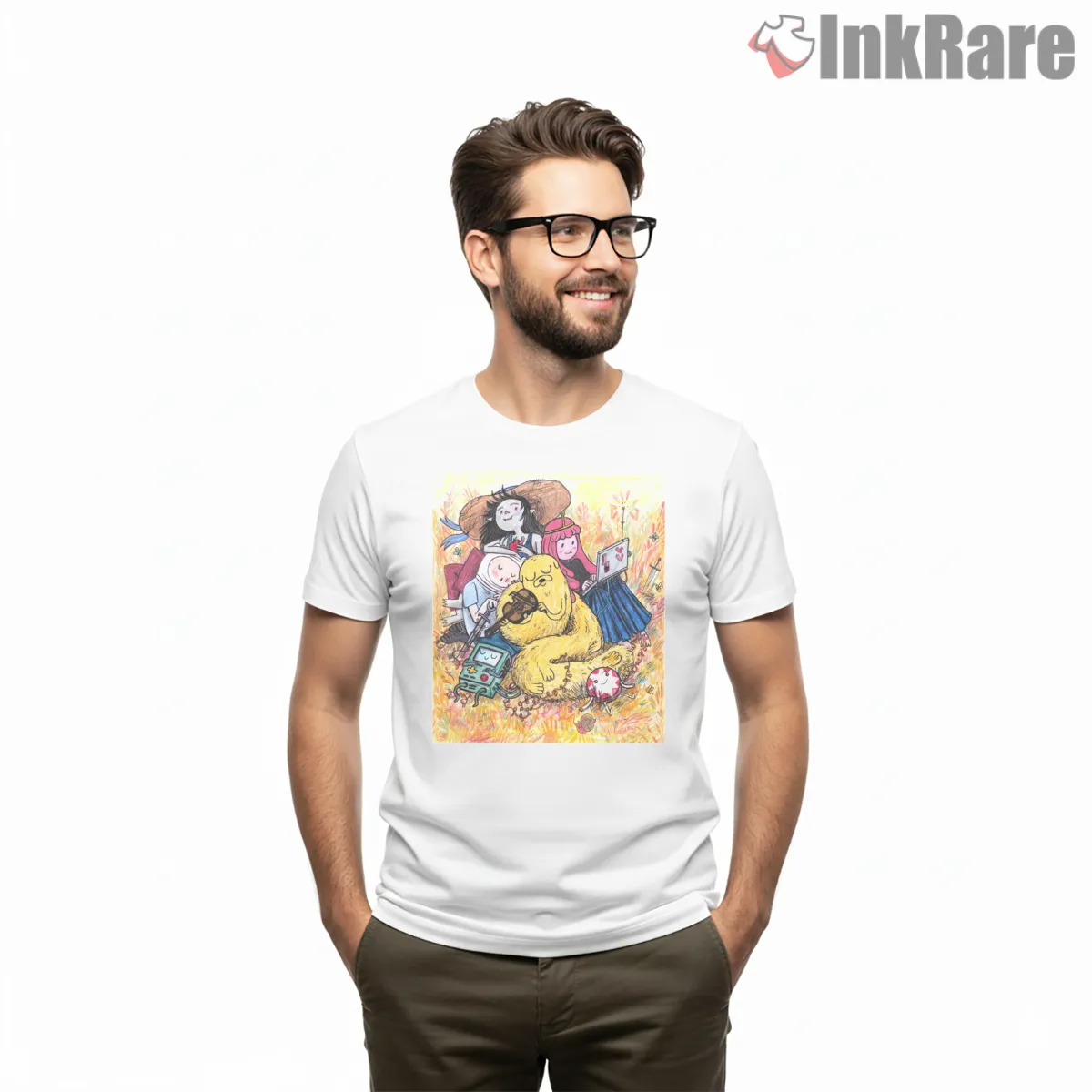 Adventure Time Picnic Scene Artistic Painterly Style Short Sleeve White Adventure Time Picnic Scene Artistic Painterly Style Shirt on white short sleeve shirt for men graphic tee