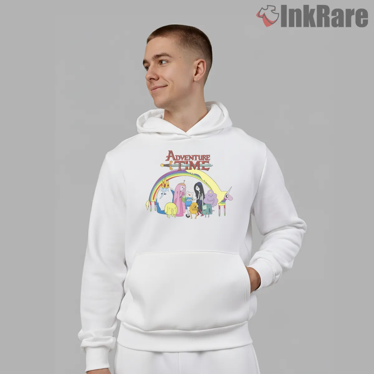 Adventure Time Rainbow Group Scene Cartoon Hoodie White Adventure Time Rainbow Group Scene Cartoon Shirt on white hoodie for men graphic tee
