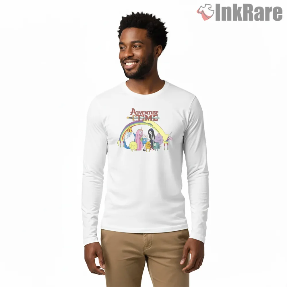 Adventure Time Rainbow Group Scene Cartoon Shirt on white long sleeve shirt for men graphic tee