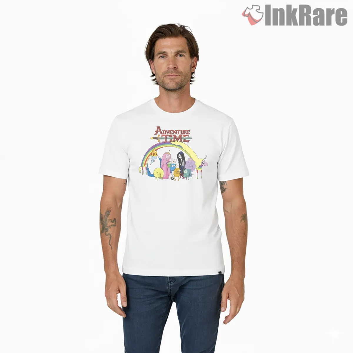 Adventure Time Rainbow Group Scene Cartoon Shirt on white short sleeve shirt for men graphic tee