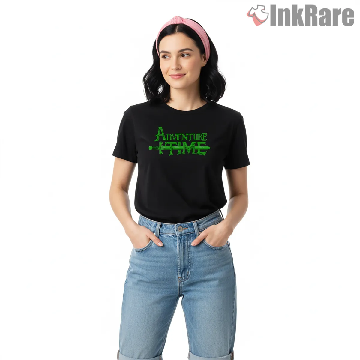 Adventure Time Retro Computer Logo Minimal Green Shirt on black short sleeve shirt for women graphic tee