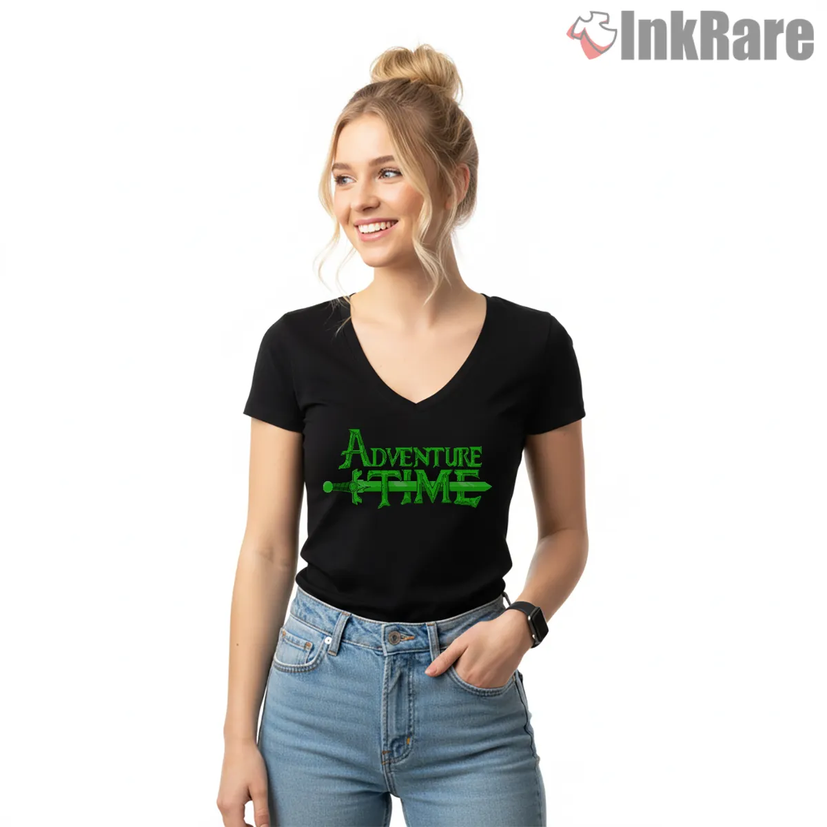 Adventure Time Retro Computer Logo Minimal Green V Neck Black Adventure Time Retro Computer Logo Minimal Green Shirt on black v-neck shirt for women graphic tee