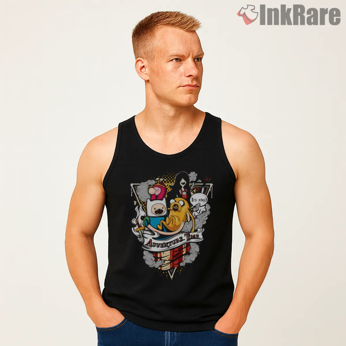 Adventure Time Surreal Crest Group Cartoon Tank Top Black Adventure Time Surreal Crest Group Cartoon Shirt on black tank top for men graphic tee
