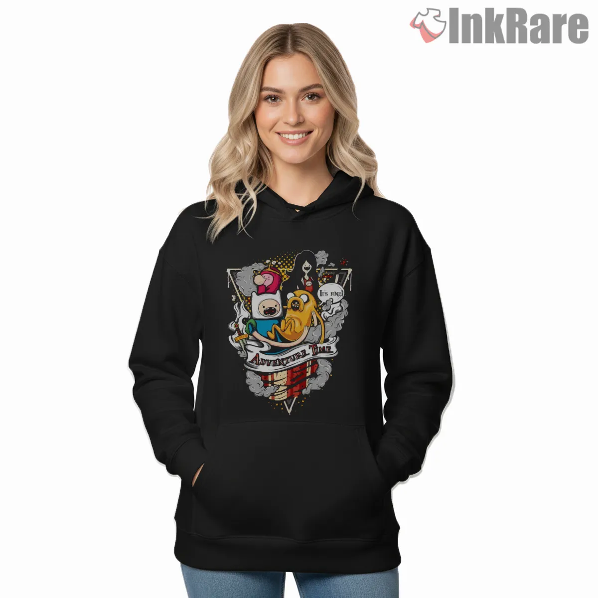 Adventure Time Surreal Crest Group Cartoon Shirt on black hoodie for women graphic tee