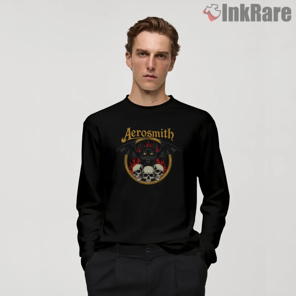 Aerosmith Bat Cat Skull Fantasy Shirt on black long sleeve shirt for men graphic tee