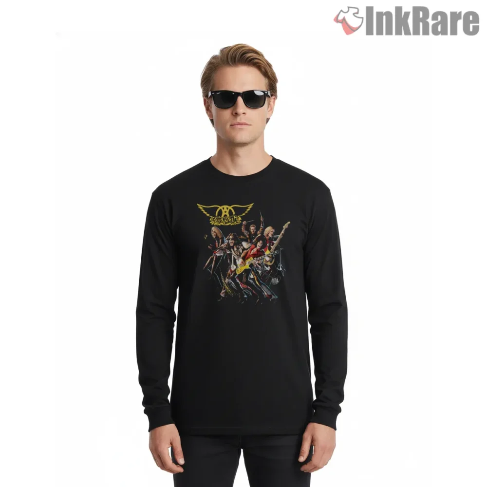 Aerosmith Classic Seventies Band Stage Shirt on black long sleeve shirt for men graphic tee
