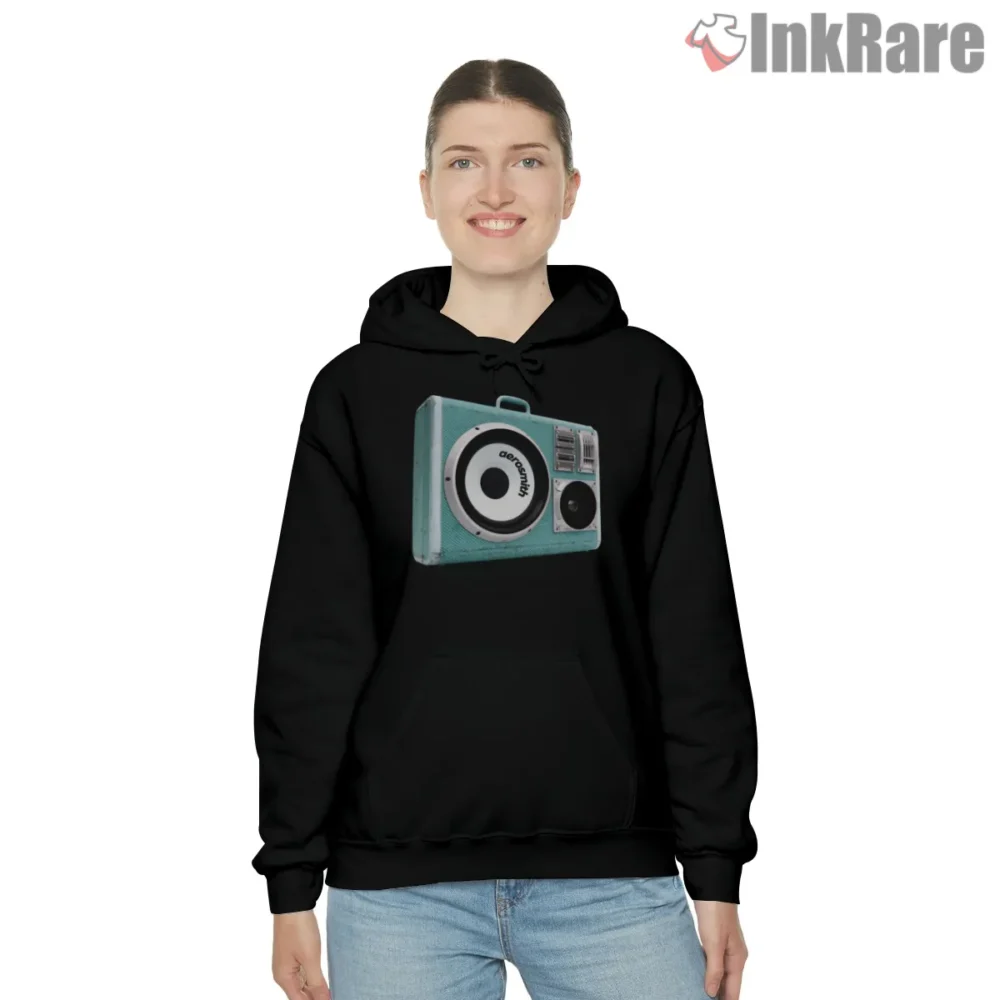 Aerosmith Retro Radio Sticker Collage Shirt on black hoodie for women graphic tee