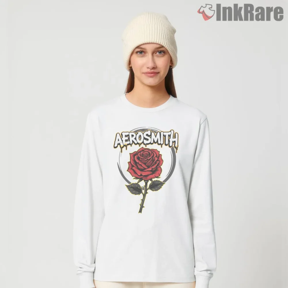 Aerosmith Rose Logo Vintage Tattoo Shirt on white long sleeve shirt for women graphic tee