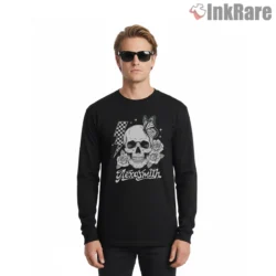 Aerosmith Skull And Roses Silhouette Shirt on black long sleeve shirt for men graphic tee
