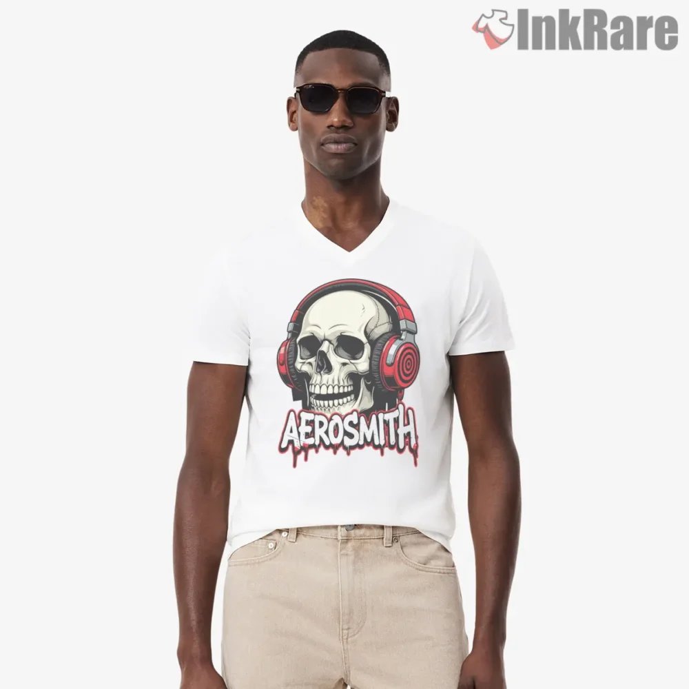 Aerosmith Skull Red Headphones Rock Shirt on white v-neck shirt for men graphic tee
