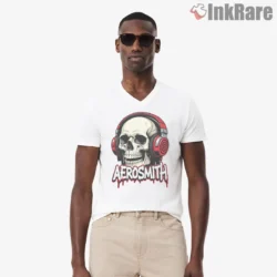 Aerosmith Skull Red Headphones Rock Shirt on white v-neck shirt for men graphic tee
