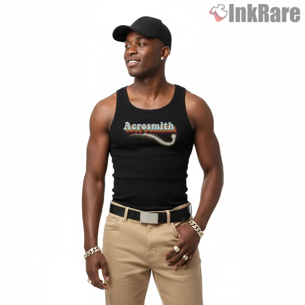 Aerosmith Sparkling Gradient Logo Fan Shirt on black tank top for men graphic tee