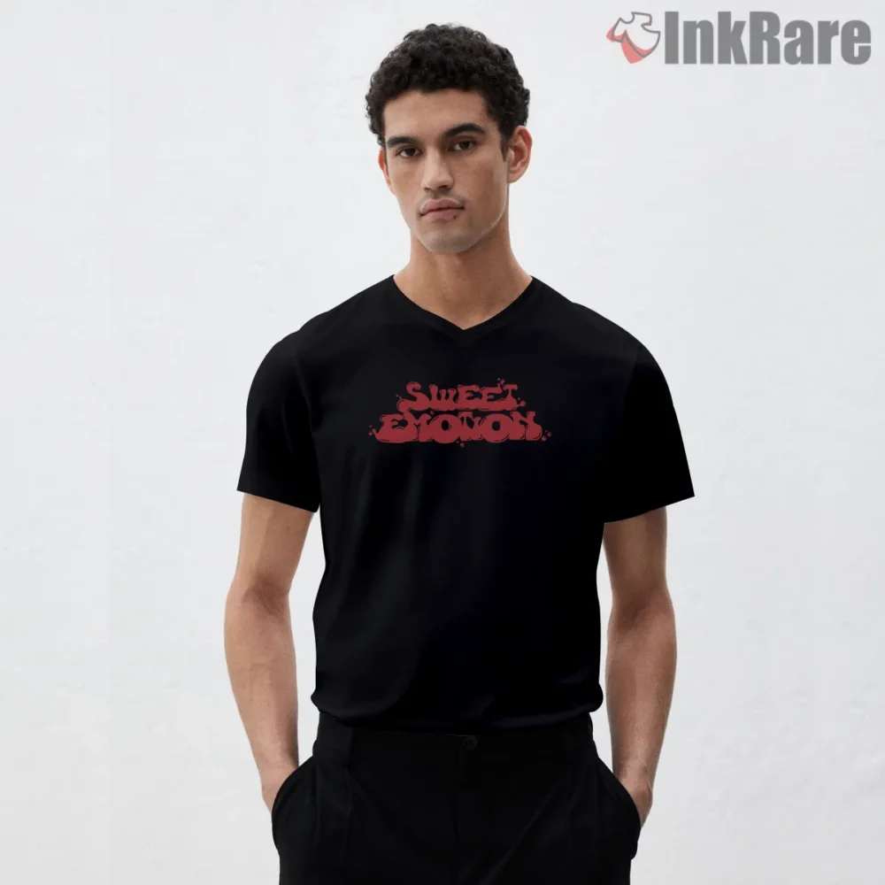 Aerosmith Sweet Emotion Classic Logo Shirt on black v-neck shirt for men graphic tee