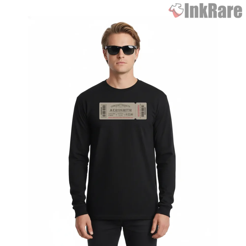 Aerosmith Vintage Concert Ticket Stub Shirt on black long sleeve shirt for men graphic tee