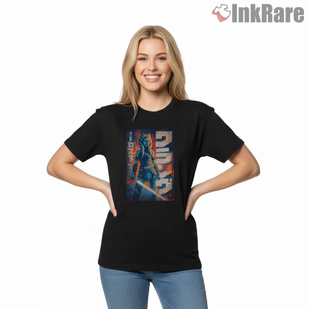 Ahsoka Tano Distressed Vintage Poster Shirt on black short sleeve shirt for women graphic tee