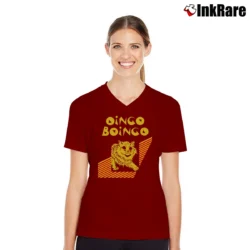 Women’s Ailise Oingo Boingo Cat V-Neck Tee in maroon | Chic Neckline, Soft Texture