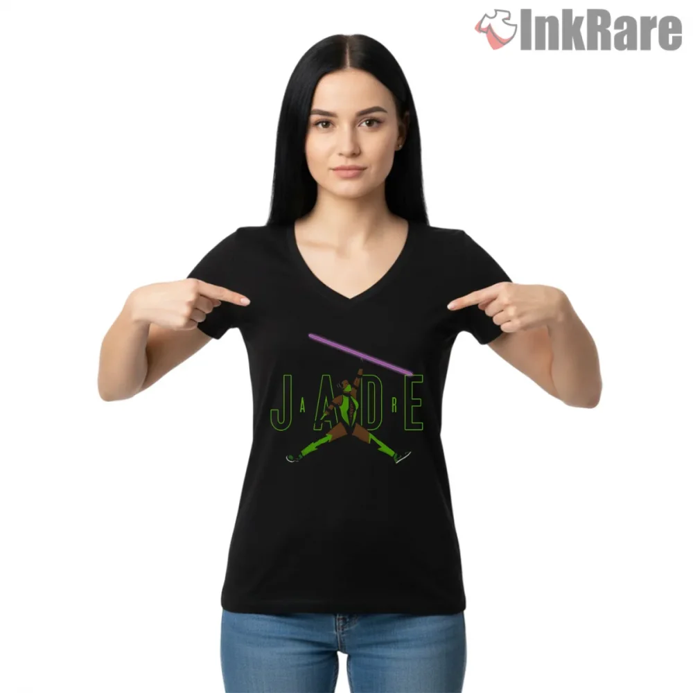 Air Jade Mortal Kombat Jump Style Fighter Shirt on black v-neck shirt for women graphic tee