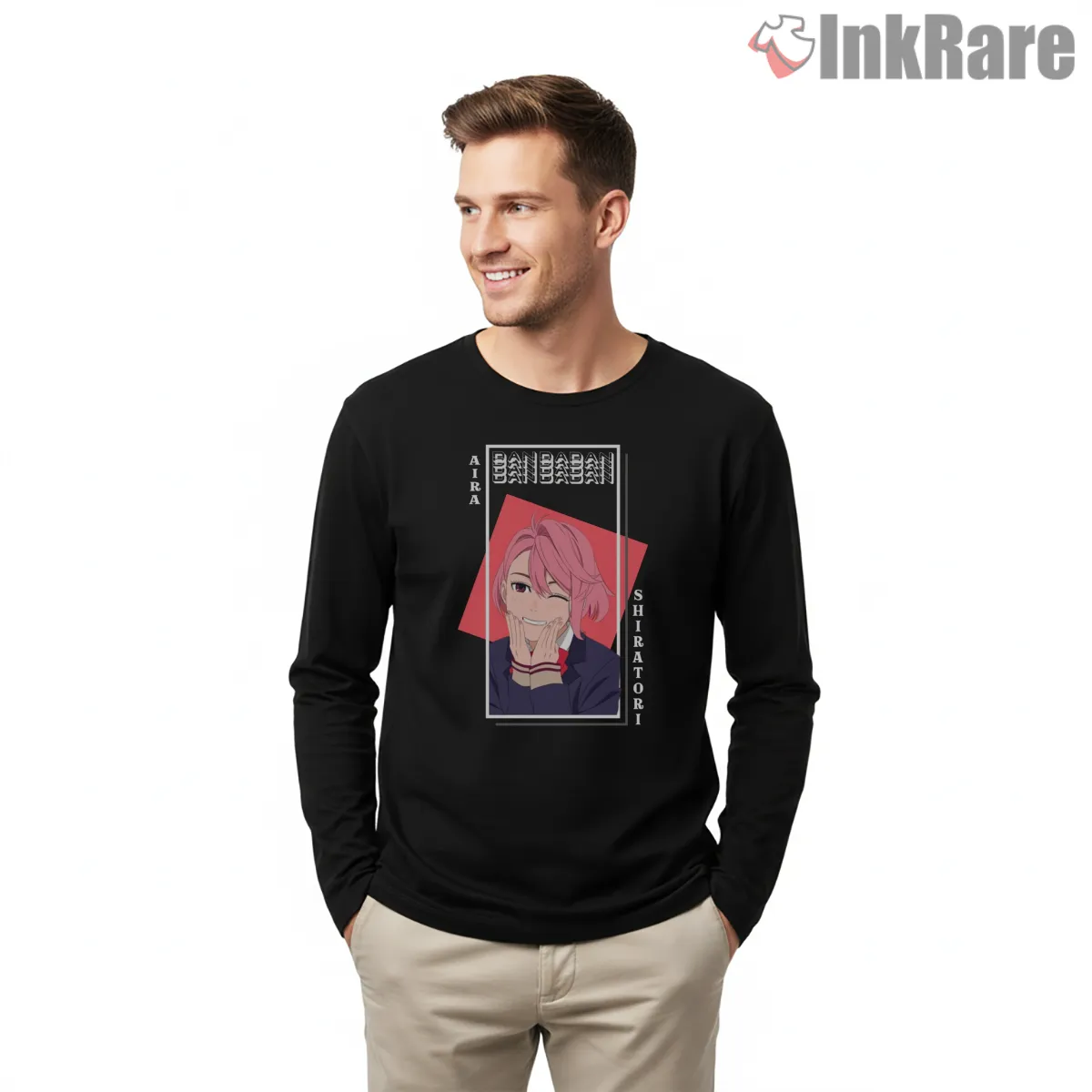 Aira Shiratori Anime Portrait Graphic Long Sleeve Black Aira Shiratori Anime Portrait Graphic Shirt on black long sleeve shirt for men graphic tee