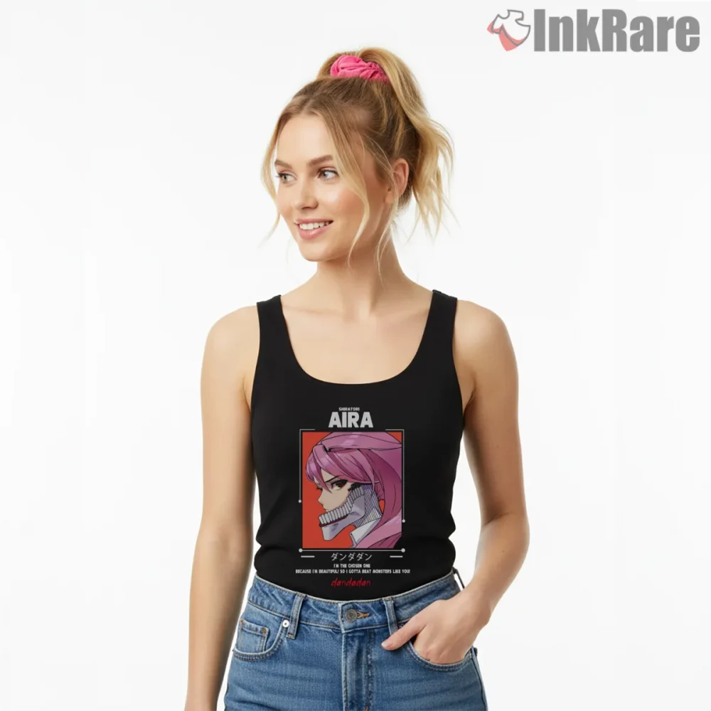 Aira Shiratori Elegant Anime Character Portrait Shirt on black tank top for women graphic tee
