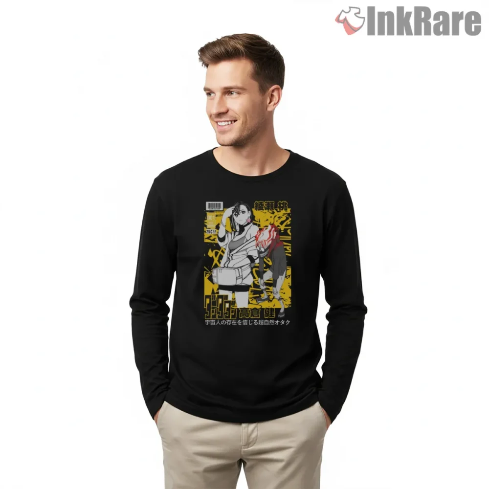 Aira Shiratori Manga Style Character Shirt on black long sleeve shirt for men graphic tee