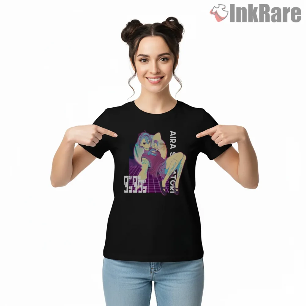Aira Shiratori Neon Retrowave Anime Shirt on black short sleeve shirt for women graphic tee