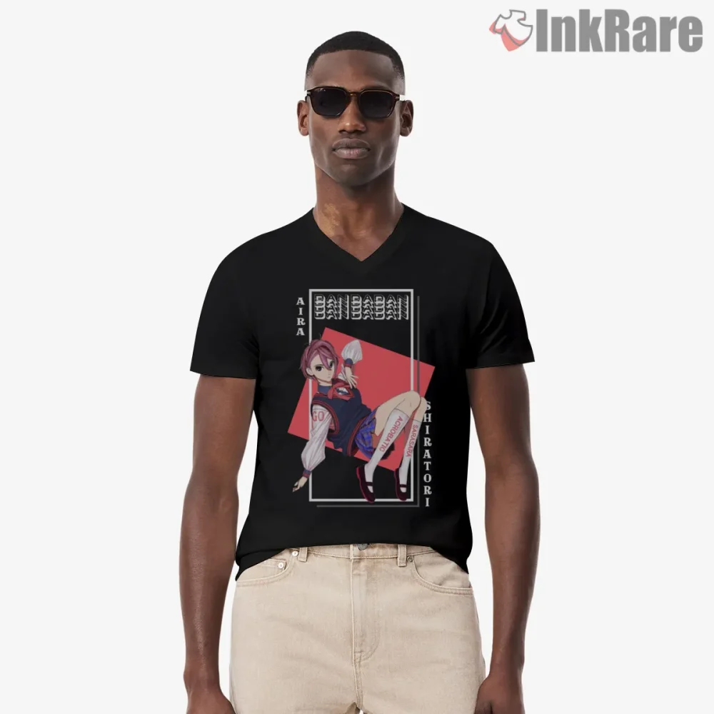 Aira Shiratori Stylish Anime Portrait Shirt on black v-neck shirt for men graphic tee