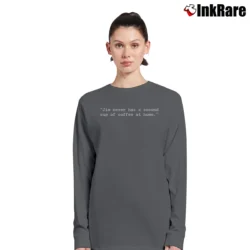 Women’s Airplane Movie Jim Never Has a Second Cup of Coffee at Home Long-Sleeve Top in charcoal | Sleek, Versatile, All-Season