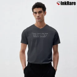 Men’s Airplane Movie Joey Have You Ever Been in a Turkish Prison V-Neck Tee in charcoal | Sharp, Breathable, Everyday Staple