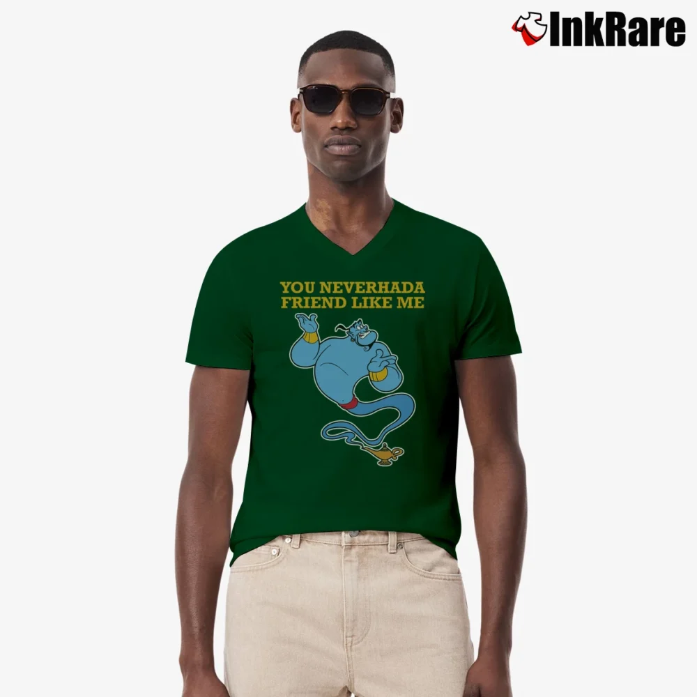 Men’s Aladdin Friend Like Me Genie Quote V-Neck Tee in forest green | Sharp, Breathable, Everyday Staple