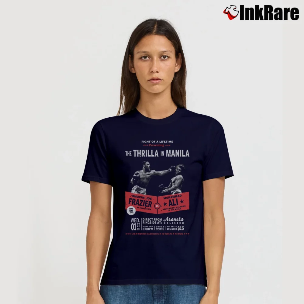 Women’s Ali vs Frazier Thrilla In Manila 1974 Boxing Signature T-Shirt in navy | Soft, Flattering Fit