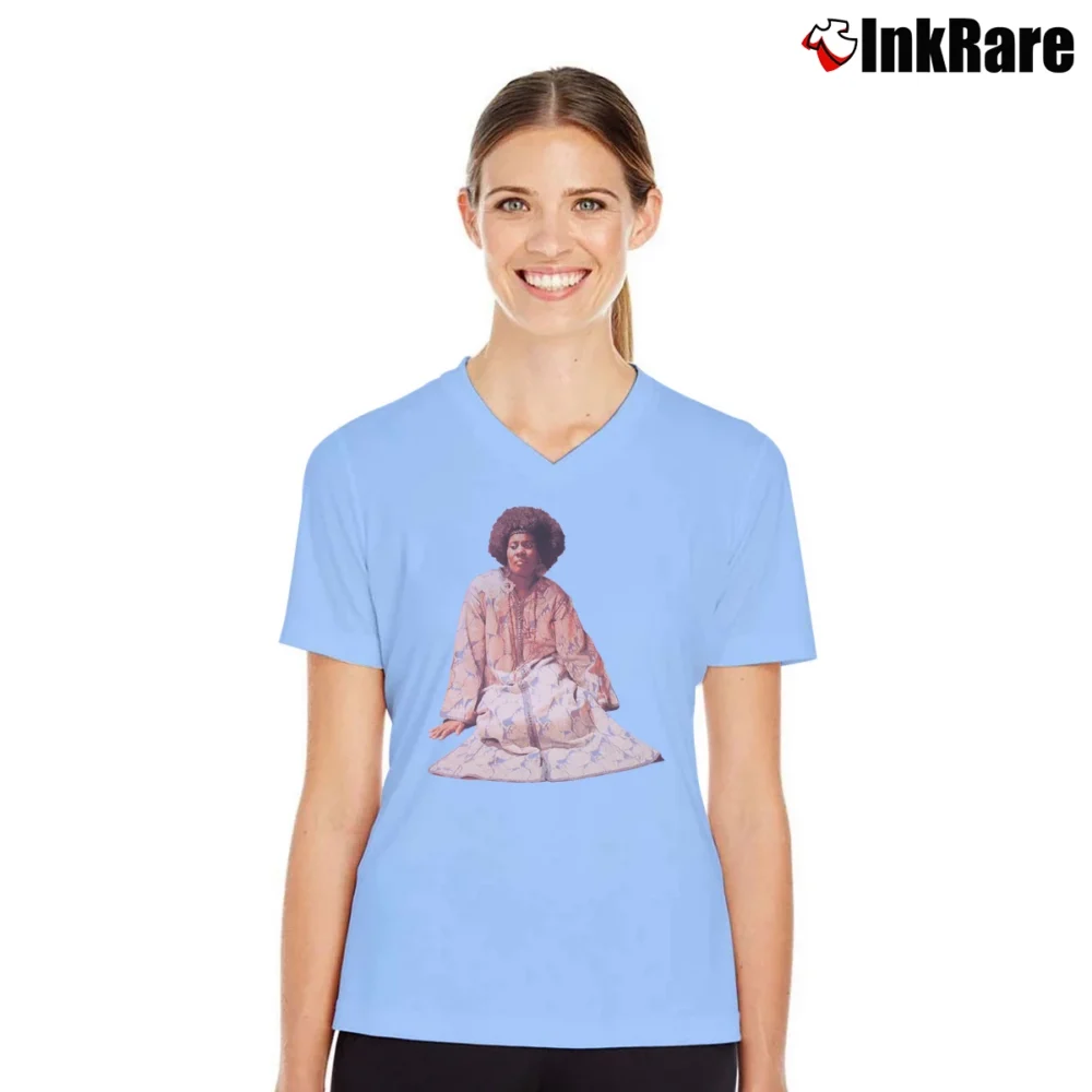 Women’s Alice Coltrane Journey In Satchidananda Jazz Fusion V-Neck Tee in light blue | Chic Neckline, Soft Texture