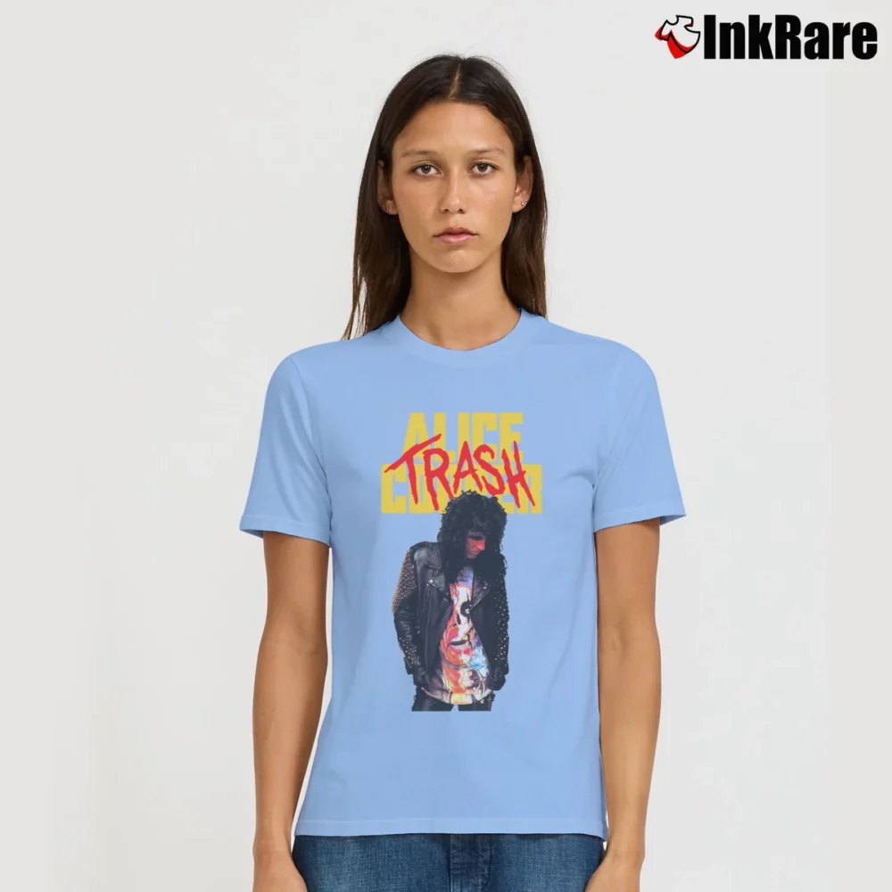 Women’s Alice Cooper Trash Album 90s Era Promo Signature T-Shirt in light blue | Soft, Flattering Fit