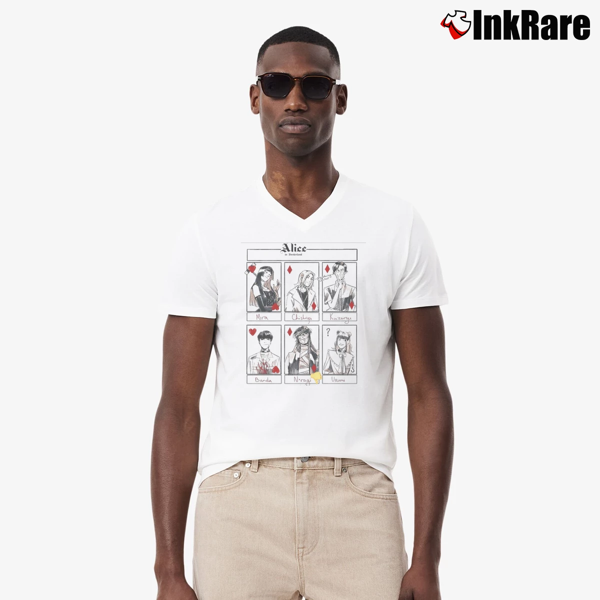 Men’s Alice In Borderland Fan Art Characters V-Neck Tee in white | Sharp, Breathable, Everyday Staple