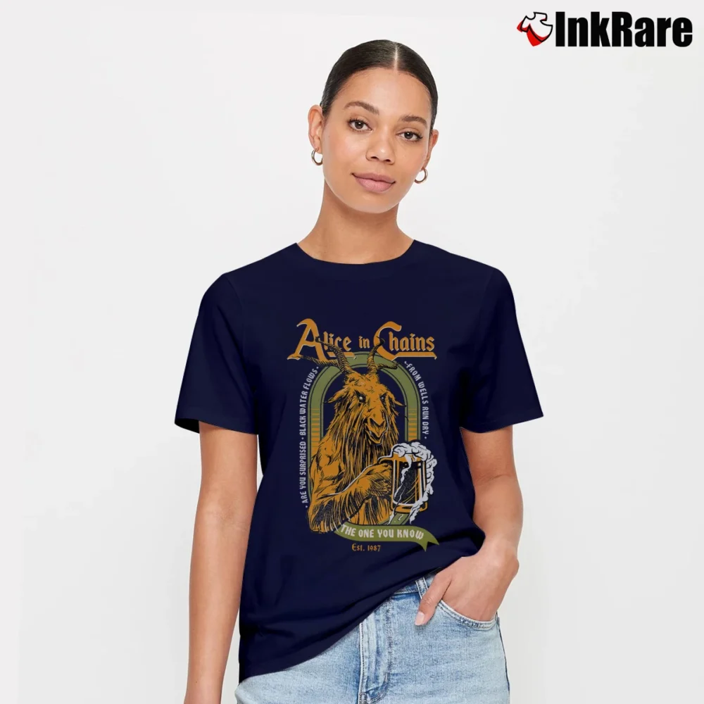 Women’s Alice In Chains Devils Brew Graphic Birthday Signature T-Shirt in navy | Soft, Flattering Fit