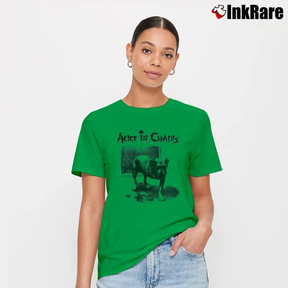 Women’s Alice In Chains Dog Graphic Grunge Nirvana Style Signature T-Shirt in irish green | Soft, Flattering Fit