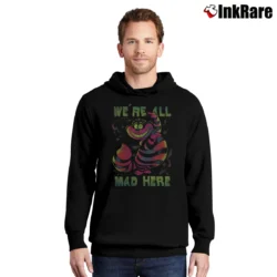 Men’s Alice In Wonderland Cheshire Cat Neon All Mad Here Pullover Hoodie in black | Cozy, Durable, Modern Fit
