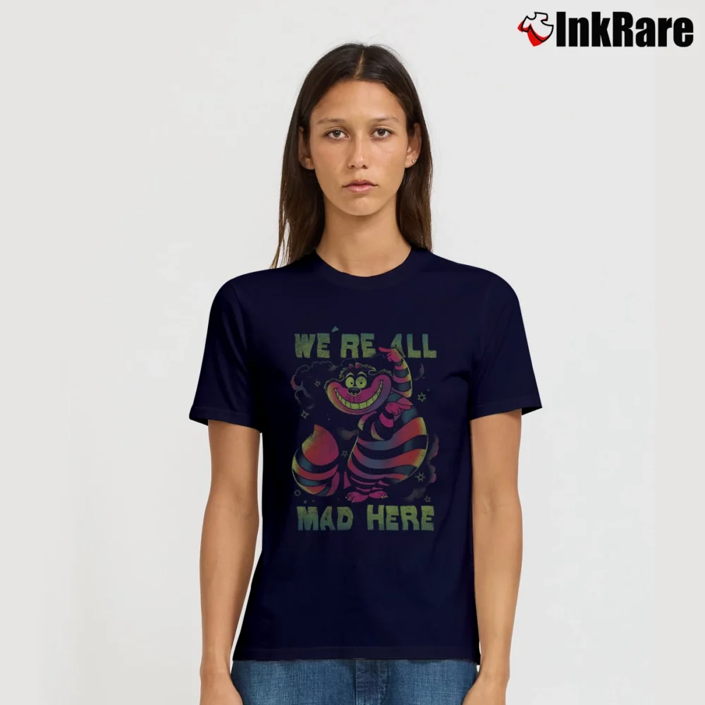 Women’s Alice In Wonderland Cheshire Cat Neon All Mad Here Signature T-Shirt in navy | Soft, Flattering Fit