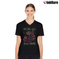 Women’s Alice In Wonderland Cheshire Cat Neon All Mad Here V-Neck Tee in black | Chic Neckline, Soft Texture