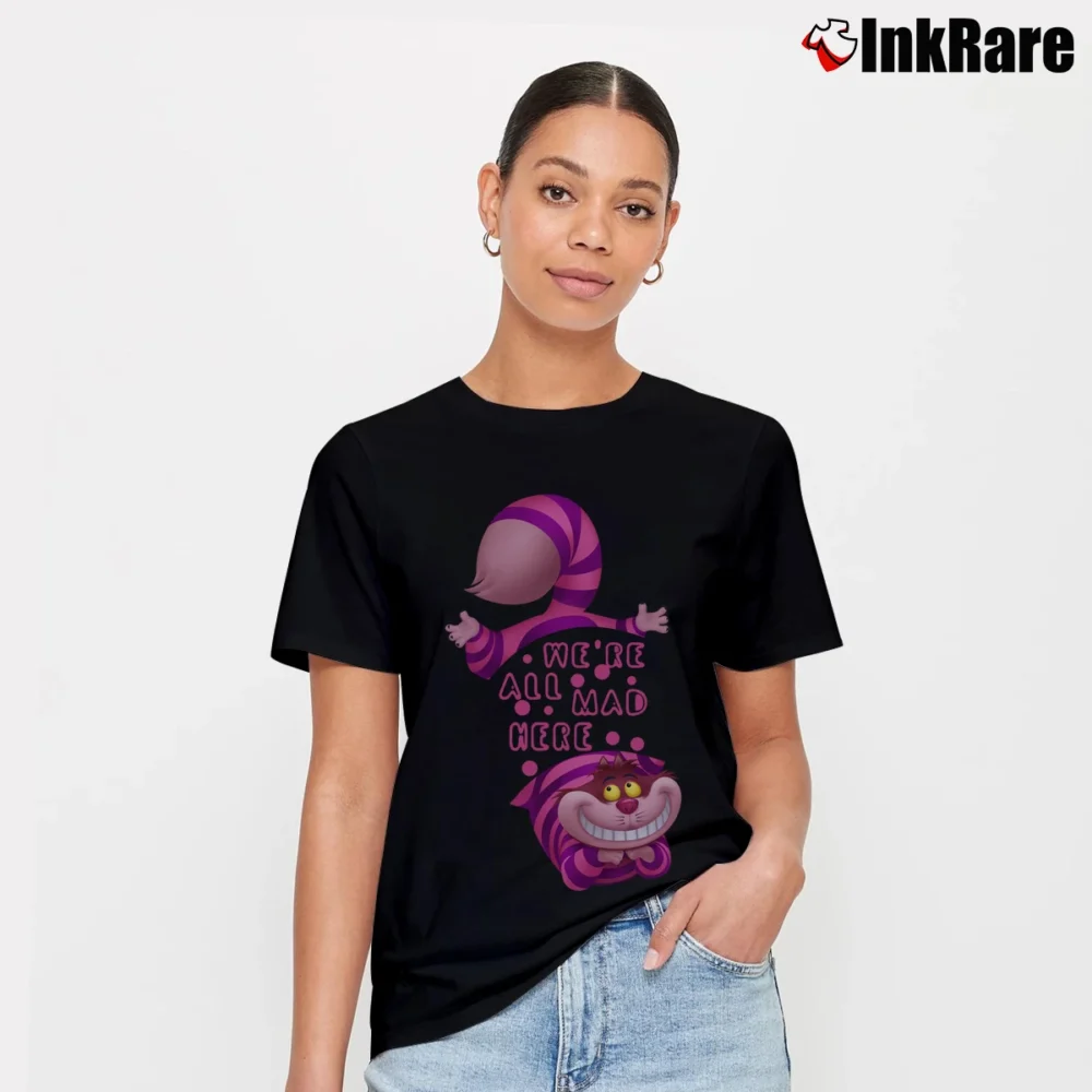 Women’s Alice In Wonderland Cheshire Cat We're All Mad Here Signature T-Shirt in black | Soft, Flattering Fit