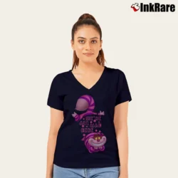 Women’s Alice In Wonderland Cheshire Cat We're All Mad Here V-Neck Tee in navy | Chic Neckline, Soft Texture