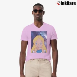 Men’s Alice In Wonderland Doing A Bump V-Neck Tee in light pink | Sharp, Breathable, Everyday Staple