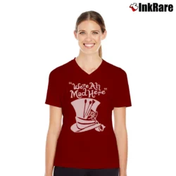 Women’s Alice In Wonderland Mad Hatter Disney Character V-Neck Tee in maroon | Chic Neckline, Soft Texture