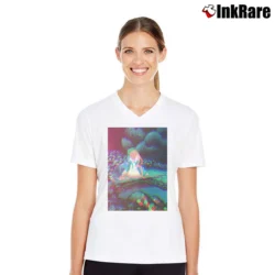 Women’s Alice In Wonderland Trippy Psychedelic V-Neck Tee in white | Chic Neckline, Soft Texture