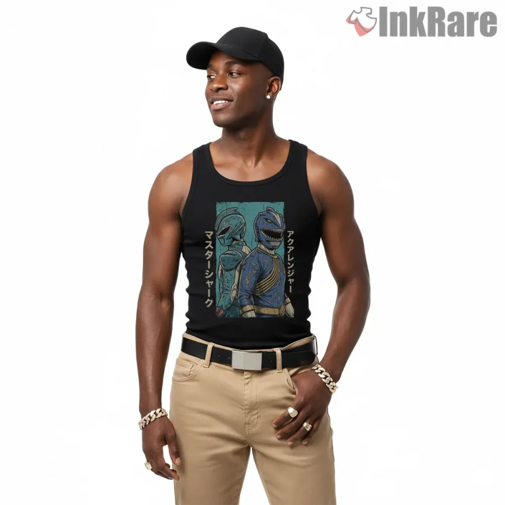 Alien Shark Warrior Rangers Crossover Shirt on black tank top for men graphic tee