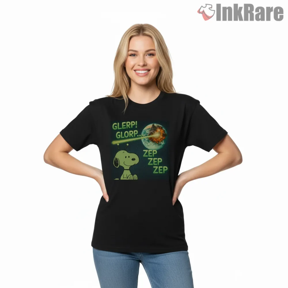 Alien Snoopy Glerp Glorp Zep Sci Fi Parody Shirt on black short sleeve shirt for women graphic tee