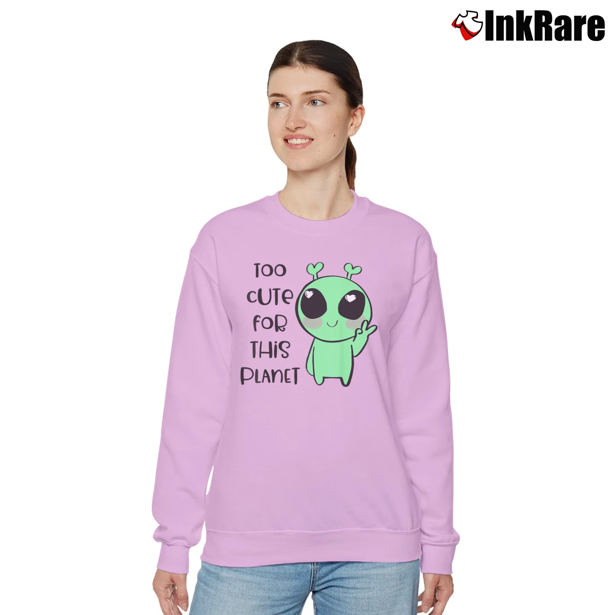 Women’s Alien Too Cute For This Planet Relaxed Sweatshirt in light pink | Soft, Laid-Back Vibe