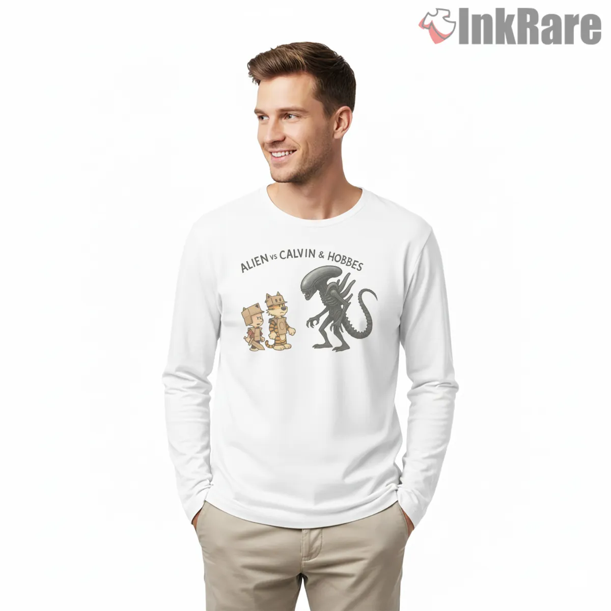 Alien Versus Calvin And Hobbes Space Adventure Shirt on white long sleeve shirt for men graphic tee