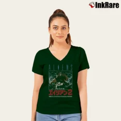 Women’s Aliens This Time It's War Japanese Poster V-Neck Tee in forest green | Chic Neckline, Soft Texture